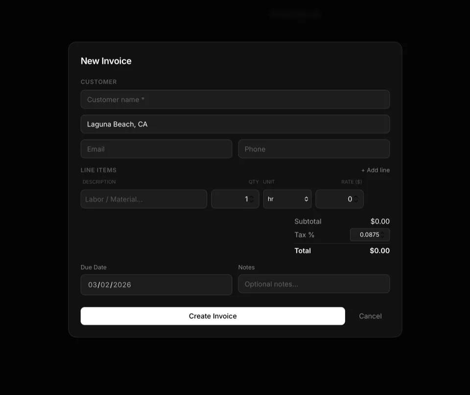 Invoice creation screen from the Laguna Electric client portal